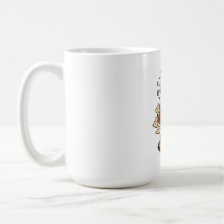 Retro chaotisch kantoormeisje met koffiesticker koffiemok