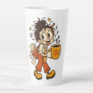 Retro chaotisch kantoormeisje met koffiesticker latte mok