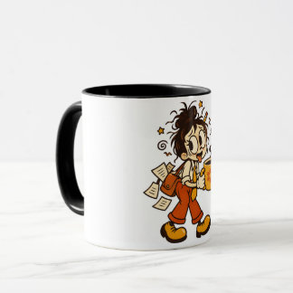 Retro chaotisch kantoormeisje met koffiesticker mok