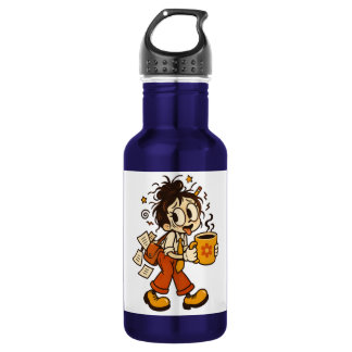 Retro chaotisch kantoormeisje met koffiesticker waterfles