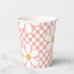 Retro Checker Roze Daisy verjaardag Papieren Bekers