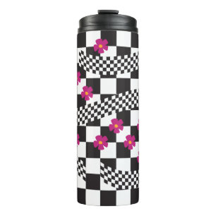 Retro Checkerboard Design met bloemen Thermosbeker
