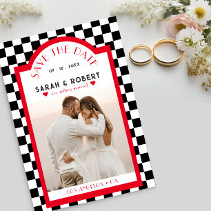 Retro Checkerboard Foto Rood Zwart & Wit Bruiloft Save The Date