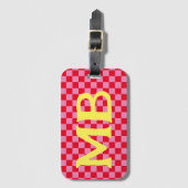 Retro Checkerboard Geruit Patroon Roze Sinaasappel Bagagelabel (Voorkant (verticaal))