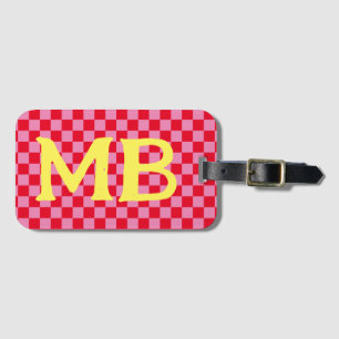 Retro Checkerboard Geruit Patroon Roze Sinaasappel Bagagelabel