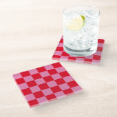 Retro Checkerboard Geruit Patroon Roze Sinaasappel Glazen Onderzetter (Schuin)