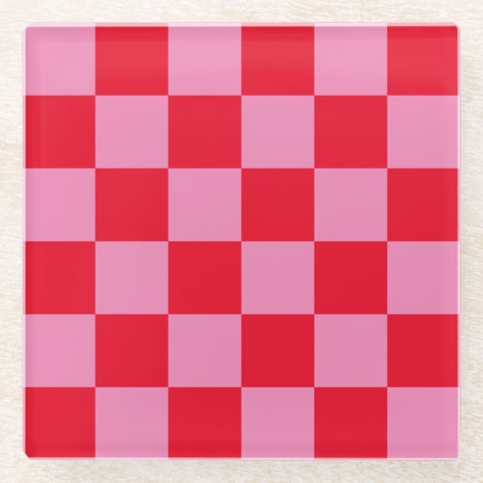 Retro Checkerboard Geruit Patroon Roze Sinaasappel Glazen Onderzetter (Voorkant)