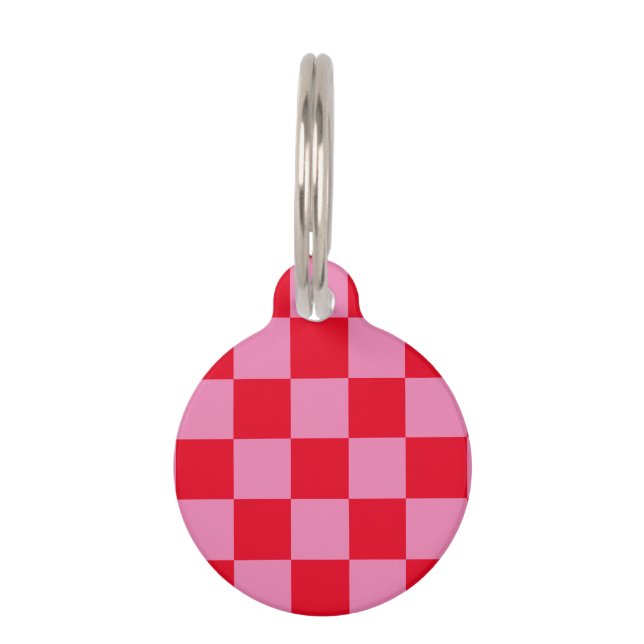 Retro Checkerboard Geruit Patroon Roze Sinaasappel Huisdierpenning (Voorkant)