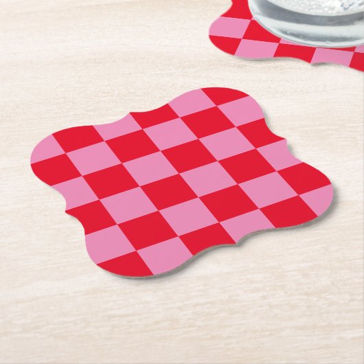 Retro Checkerboard Geruit Patroon Roze Sinaasappel Kartonnen Onderzetters (Gekanteld)