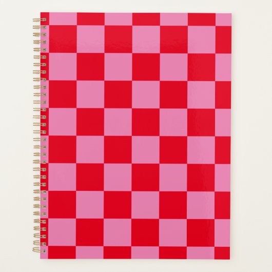 Retro Checkerboard Geruit Patroon Roze Sinaasappel Planner (Voorkant)