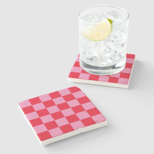 Retro Checkerboard Geruit Patroon Roze Sinaasappel Stenen Onderzetter