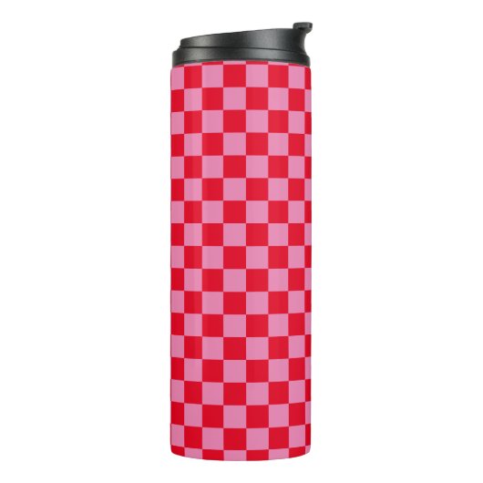 Retro Checkerboard Geruit Patroon Roze Sinaasappel Thermosbeker (Gedraaid links)