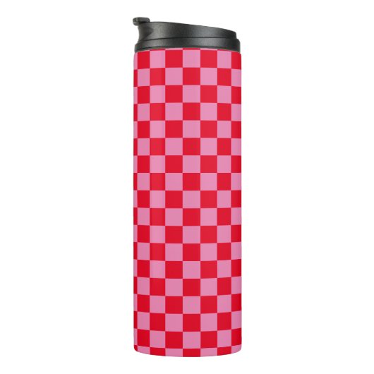 Retro Checkerboard Geruit Patroon Roze Sinaasappel Thermosbeker (Geroteerd rechts)