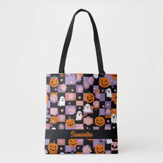 Retro Checkerboard Halloween Geesten en Pompoenen Draagtas (Voorkant)