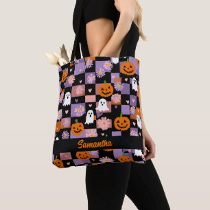 Retro Checkerboard Halloween Geesten en Pompoenen Draagtas