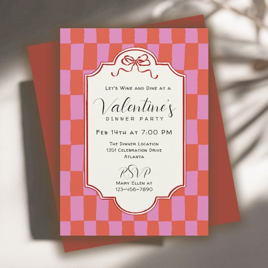 Retro Checkerboard Handdrawn Bow Valentine Dinner Kaart