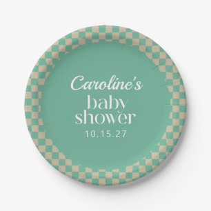 Retro Checkerboard Mint Sage Baby shower Aangepast Papieren Bordje