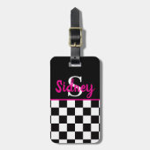 Retro Checkerboard Neon Pink Name Monogram Bagagelabel (Voorkant verticaal)