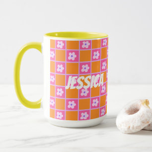 Retro Checkerboard-patroon in Oranje en Paars Mok