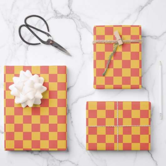 Retro Checkerboard Pattern Heldergeel Sinaasappel Inpakpapier Vel (Voorkant)