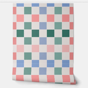 Retro Checkerboard Plaid (roze, groen, blauw) Behang