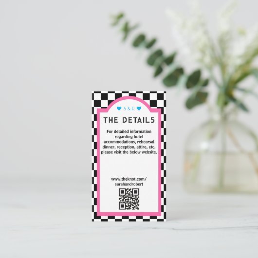 Retro Checkerboard Roze Blauw Zwart & Wit Details Informatiekaartje (Staand voorkant)