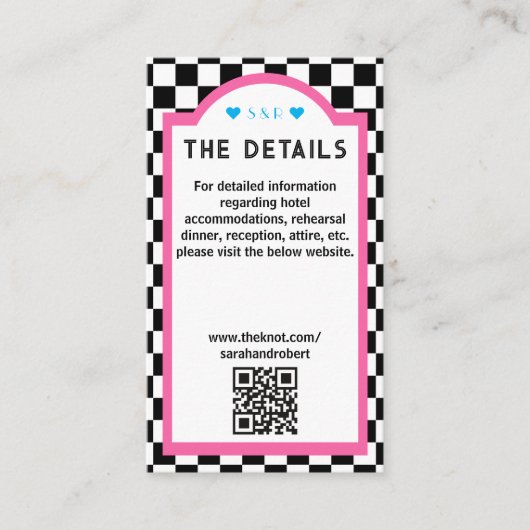 Retro Checkerboard Roze Blauw Zwart & Wit Details Informatiekaartje (Voorkant)