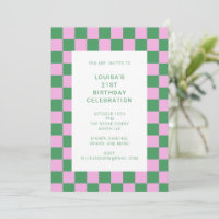 Retro Checkerboard roze Green 21st Birthday Party