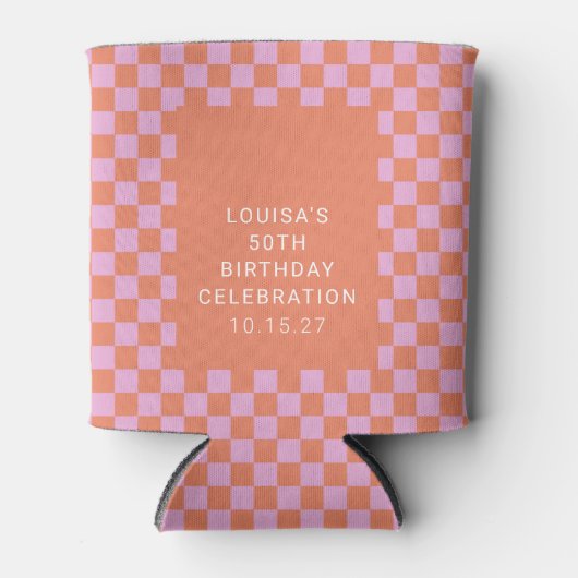 Retro Checkerboard Roze Sinaasappel Aangepaste Ver Blikjeskoeler (Voorkant)