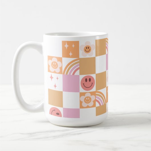 Retro Checkerboard Smile Face 60s Pattern-Mok Koffiemok (Links)