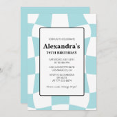 Retro Checkered Blue 74e verjaardag uitnodigingen (Voorkant / Achterkant)