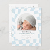 Retro Checks Blue Boy Photo Faire-part de naissanc (Devant / Derrière)