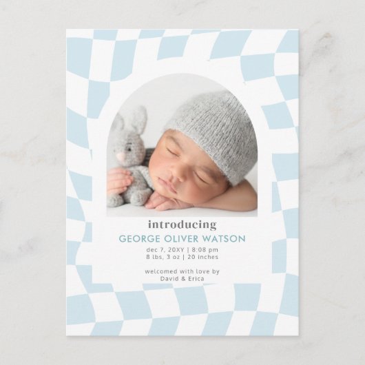 Retro Checks Blue Boy Photo Faire-part de naissanc (Devant)