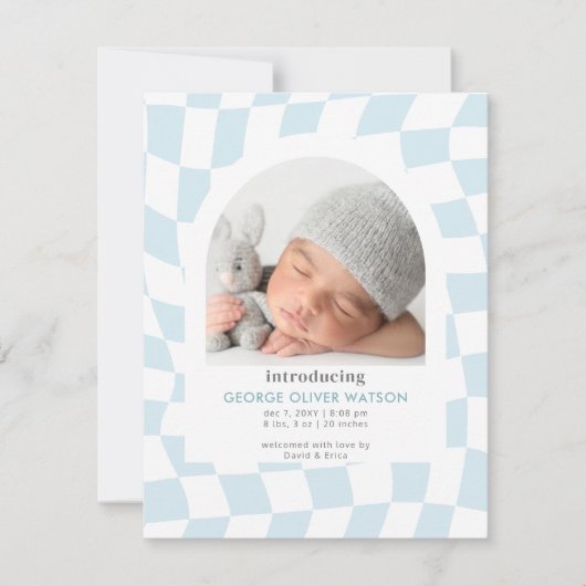 Retro Checks Blue Boy Photo Faire-part de naissanc (Devant)