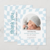 Retro Checks Blue Boy Photo Faire-part de naissanc (Devant / Derrière)