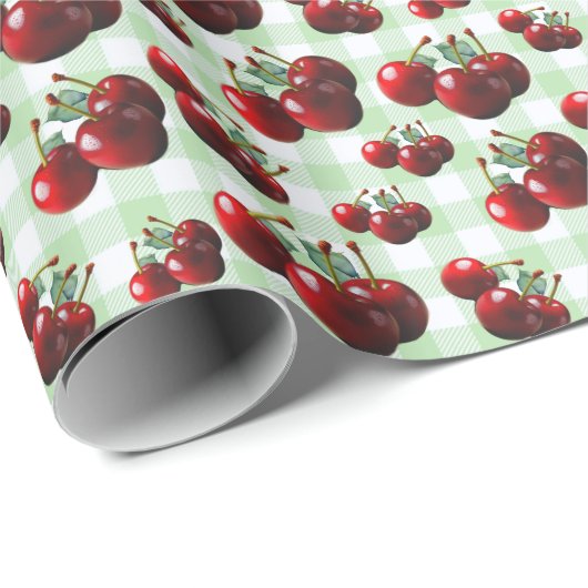 Retro Cherries fresh picked green gingham Cadeaupapier (Rol Hoek)