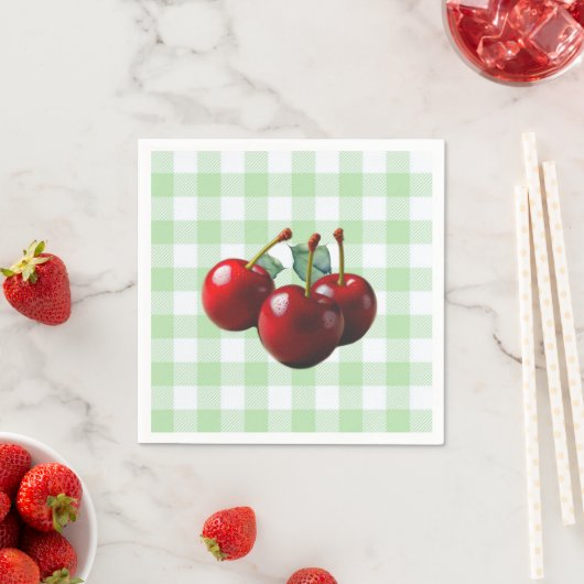 Retro Cherries fresh picked green gingham Servet (Insitu)