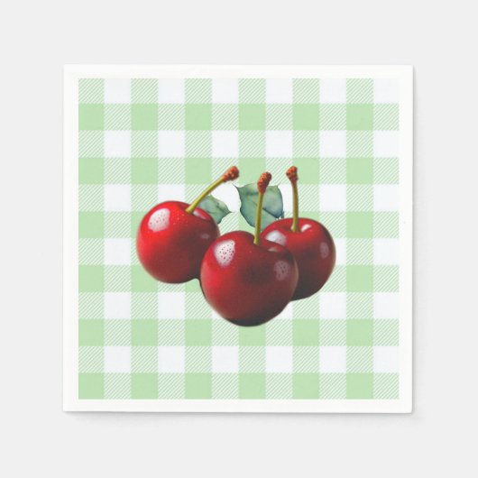 Retro Cherries fresh picked green gingham Servet (Voorkant)