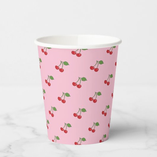Retro Cherries Pattern Pink Paper Cup Papieren Bekers (Links)