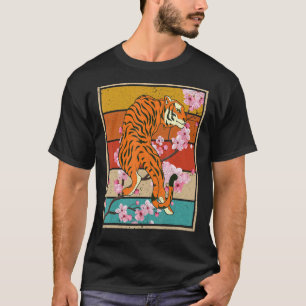 Retro Cherry Blossom Wild Cat Animal Sakura Asian T-shirt