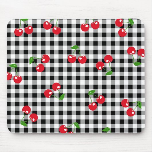Retro Cherry Gingham Schattige Rood & Zwart Geruit Muismat (Voorkant)