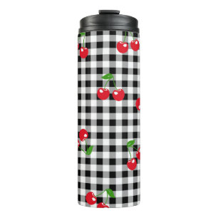 Retro Cherry Gingham Schattige Rood & Zwart Geruit Thermosbeker