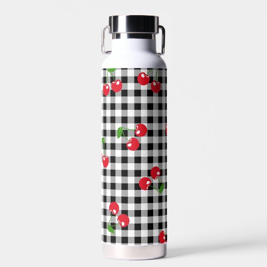 Retro Cherry Gingham Schattige Rood & Zwart Geruit Waterfles (Voorkant)