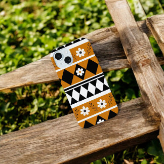 Retro Chic Bruin & Zwart Bloempatroon grillig iPhone 15 Hoesje