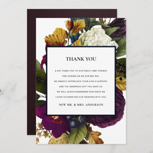  RETRO CHIC BURGUNDY HERFST FLORAL WEDING BEDANKKAART (Voorkant / Achterkant)