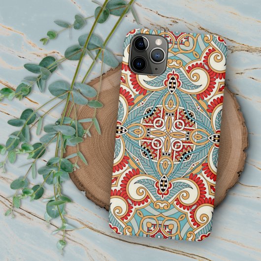 Retro Chic Red Blauwgroen Floral Mosaic Pattern Case-Mate iPhone Case
