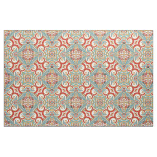 Retro Chic Red Blauwgroen Floral Mosaic Pattern Stof