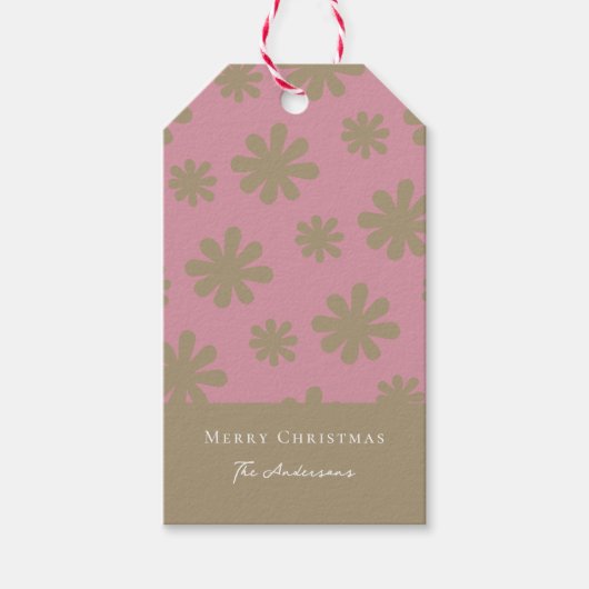 Retro Chic Roze en Goud Bloemen Vrolijk Kerstfeest Cadeaulabel (Voorkant)