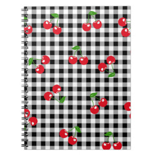 Retro Chic Schattige Rode Kersen Zwart Wit Gingham Notitieboek