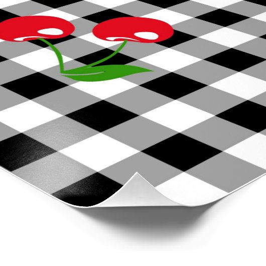 Retro Chic Schattige Rode Kersen Zwart Wit Gingham Perfect Poster (Hoek)